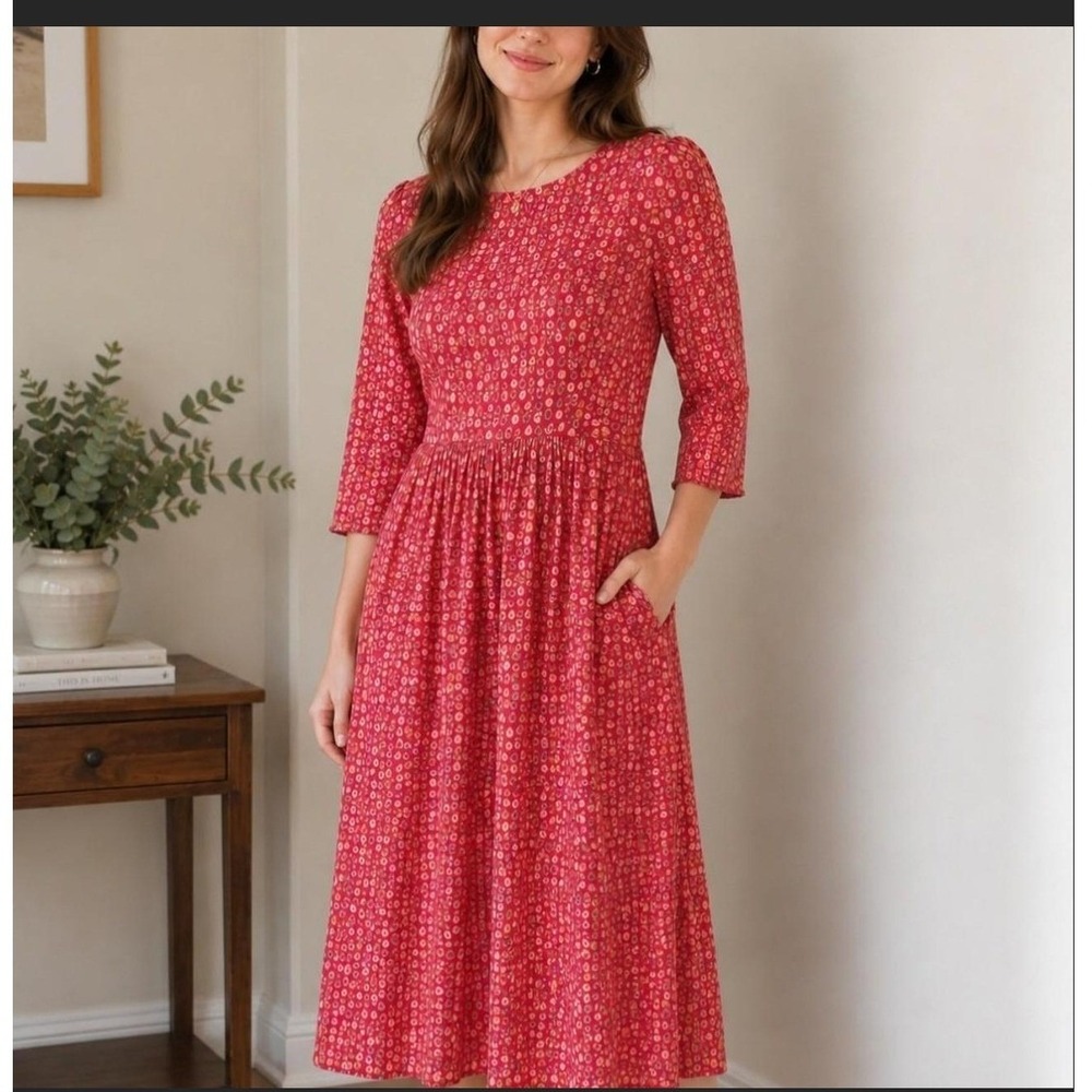 Pink Geometric Midi Dress Womens Large 40 Boho 3/4 Sleeve Pleated